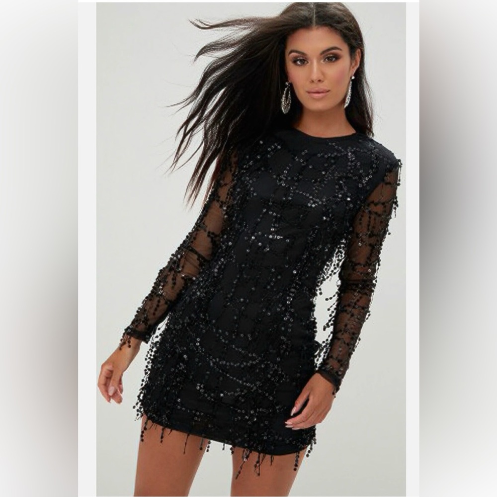 Pretty Little Thing Black Sequin Detail Long Sleeve Mini Dress